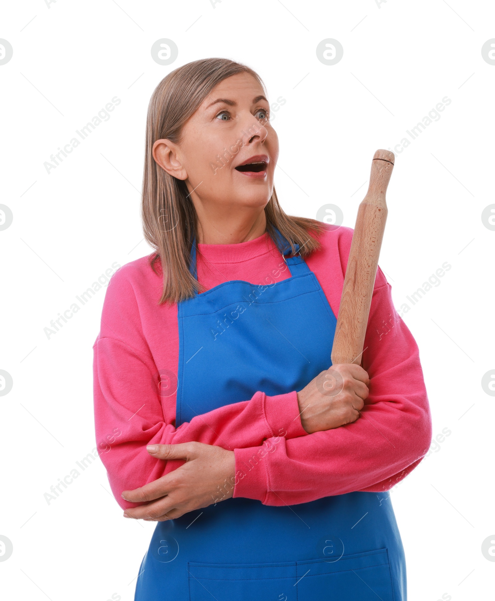 Photo of Surprised woman with rolling pin on white background