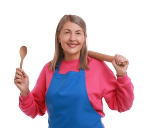 Photo of Happy woman with rolling pin and spoon on white background