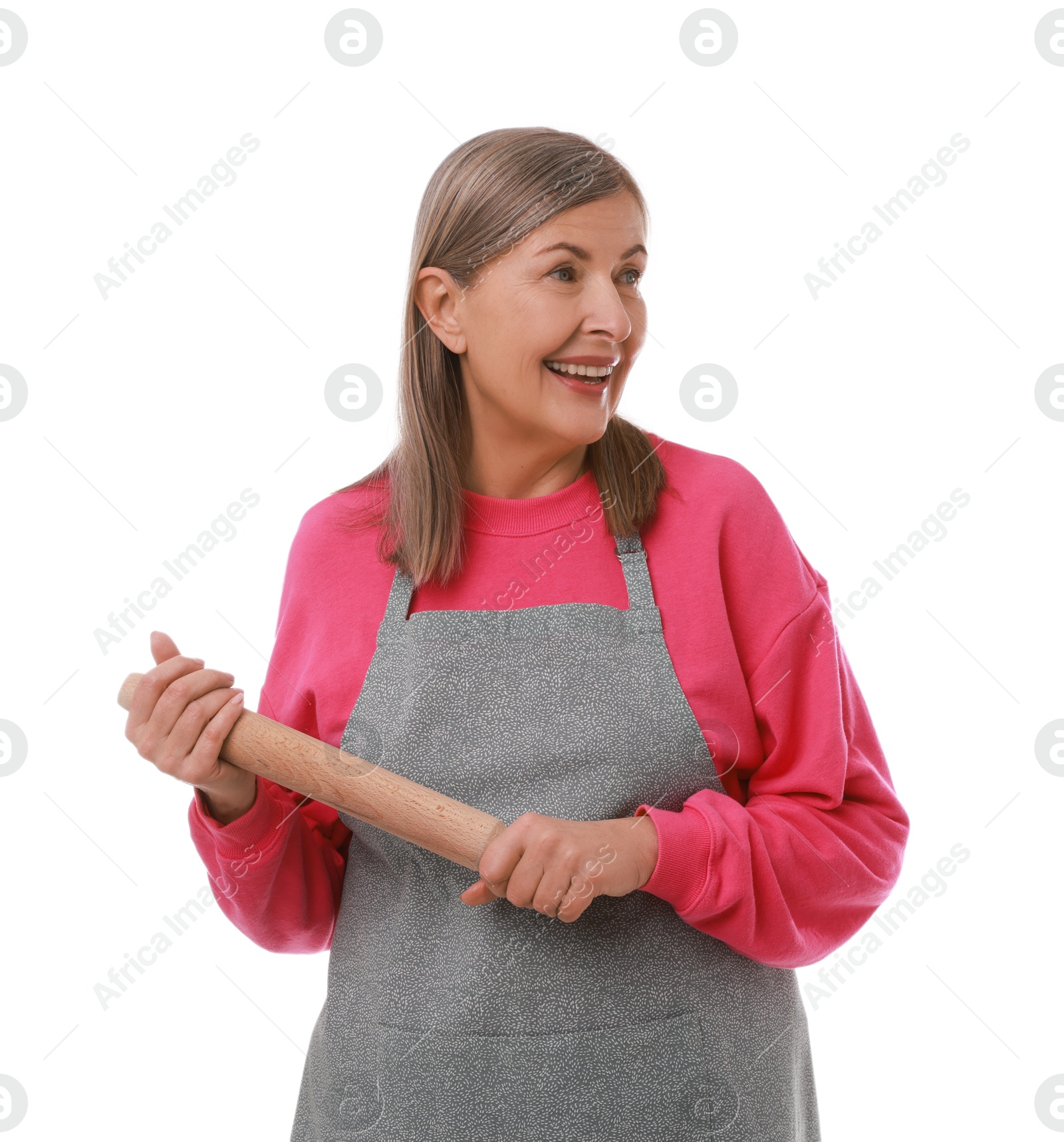 Photo of Happy woman with rolling pin on white background