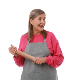 Photo of Happy woman with rolling pin on white background