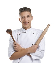 Photo of Professional chef with rolling pin and ladle on white background