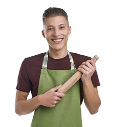 Photo of Happy man with rolling pin on white background