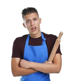 Photo of Confused man with rolling pin on white background