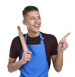 Photo of Happy man with rolling pin pointing at something on white background