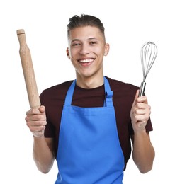 Photo of Happy man with rolling pin and whisk on white background