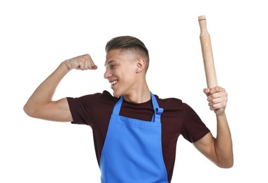 Photo of Happy man with rolling pin showing strength on white background