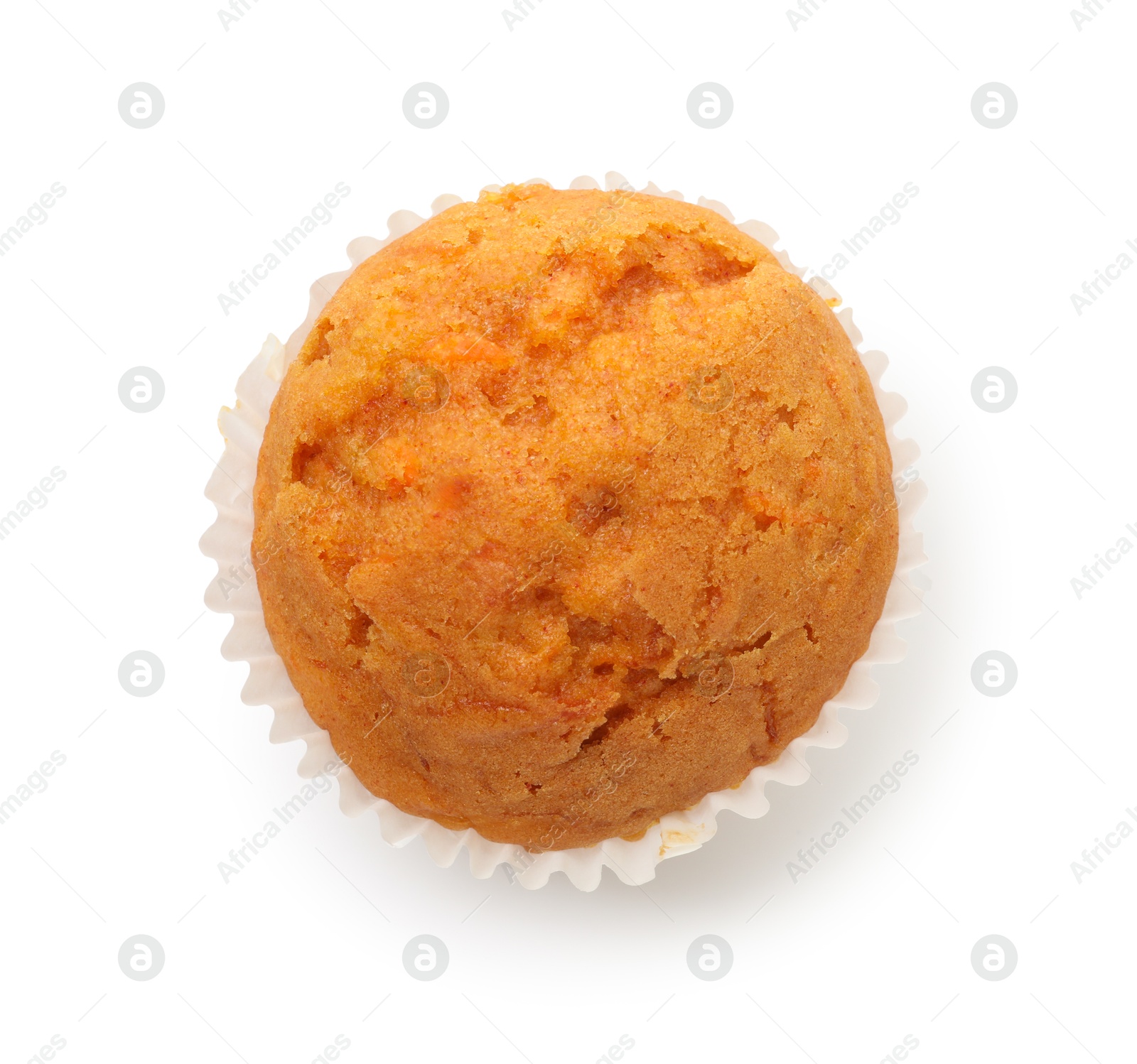 Photo of Tasty sweet carrot muffin isolated on white, top view