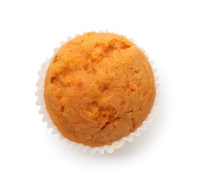 Photo of Tasty sweet carrot muffin isolated on white, top view