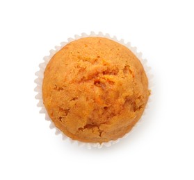 Photo of Tasty sweet carrot muffin isolated on white, top view