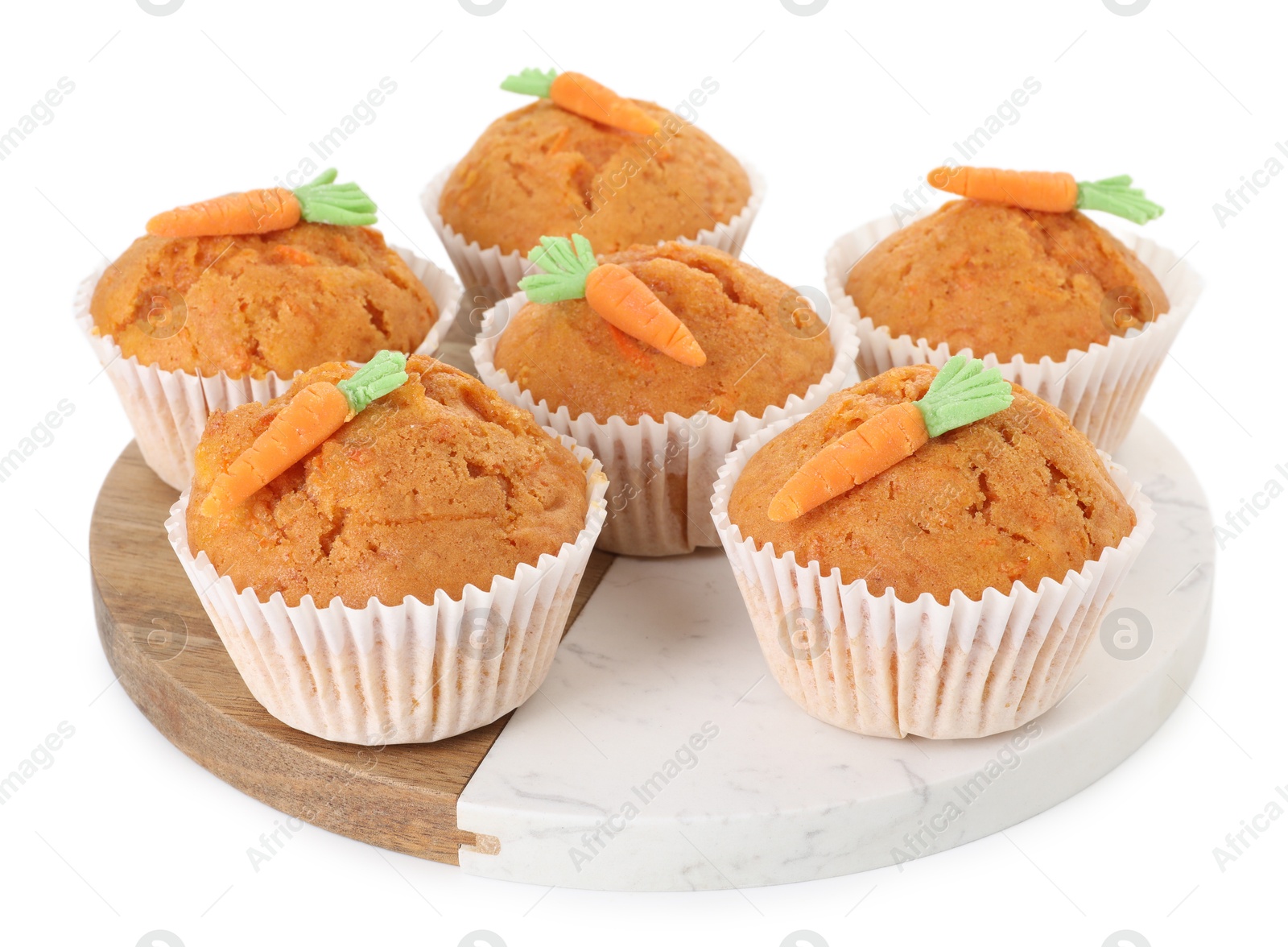 Photo of Tasty sweet carrot muffins isolated on white