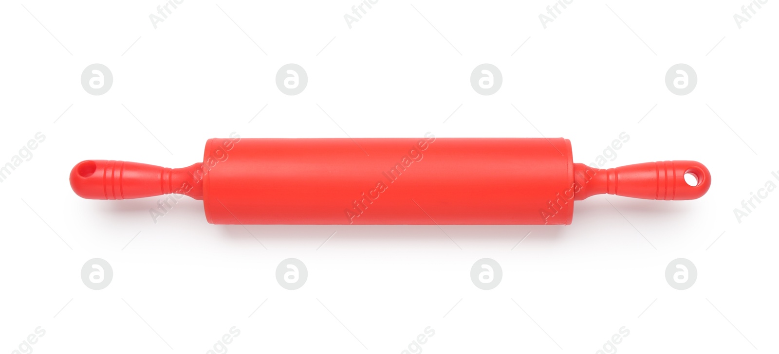 Photo of Red rolling pin isolated on white, top view