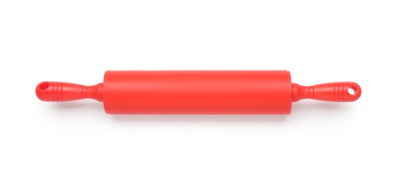 Photo of Red rolling pin isolated on white, top view