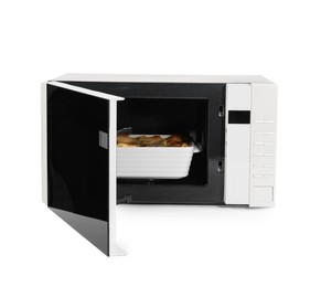 Photo of Open microwave oven with tasty lasagna isolated on white