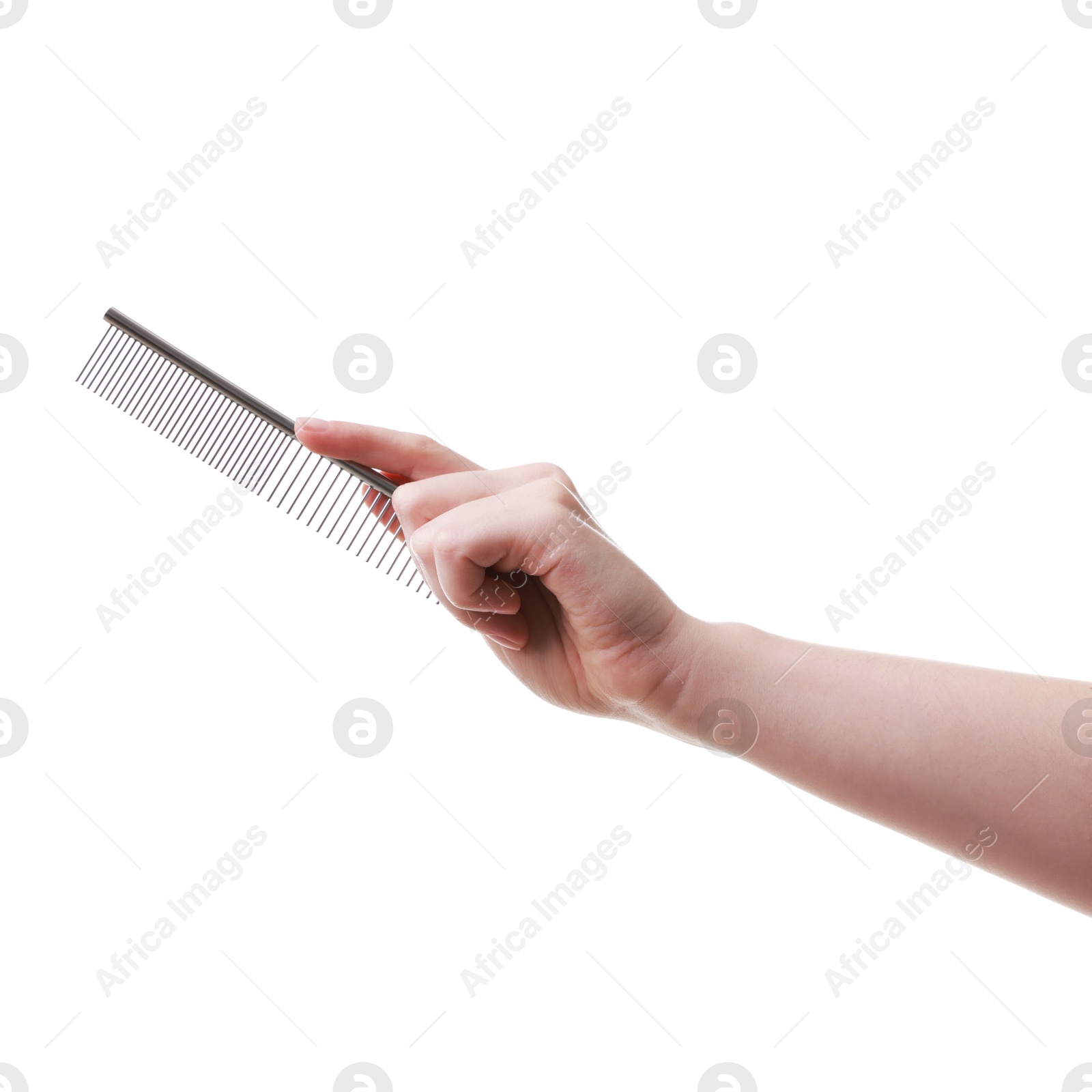 Photo of Woman with comb for pet grooming on white background, closeup