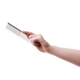 Photo of Woman with comb for pet grooming on white background, closeup