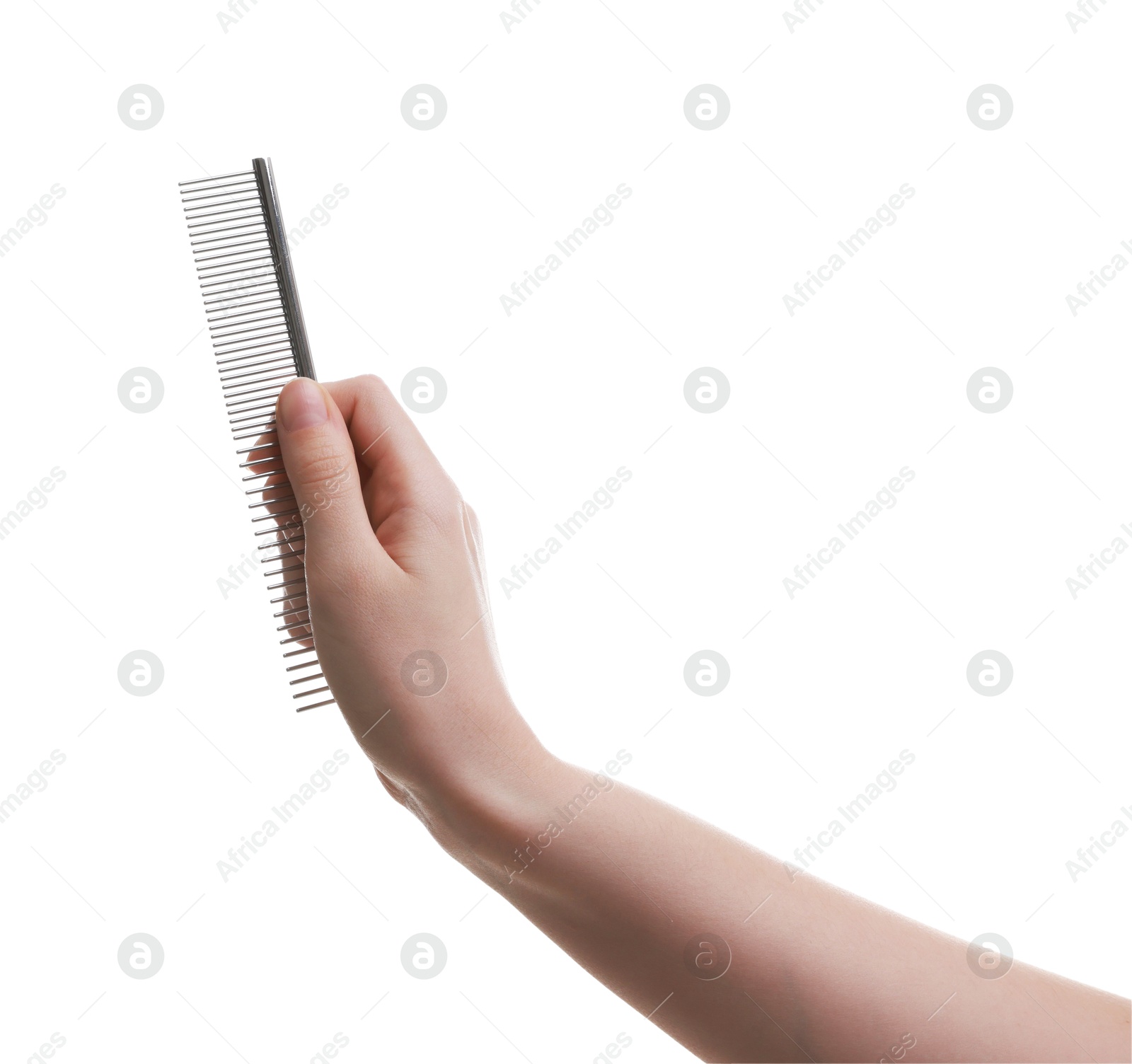 Photo of Woman with comb for pet grooming on white background, closeup