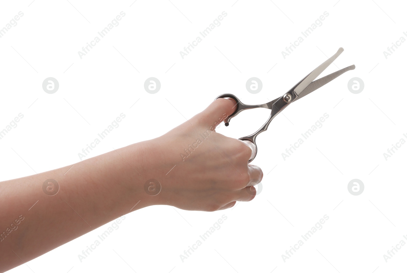 Photo of Woman with scissors for pet grooming on white background, closeup