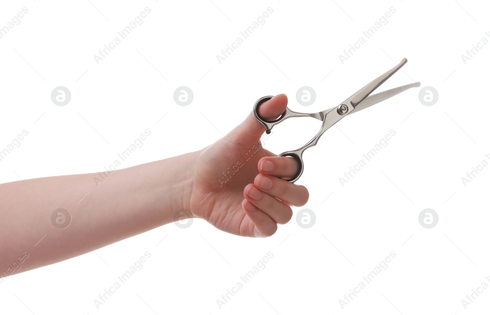 Photo of Woman with scissors for pet grooming on white background, closeup