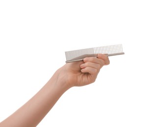 Photo of Woman with comb for pet grooming on white background, closeup