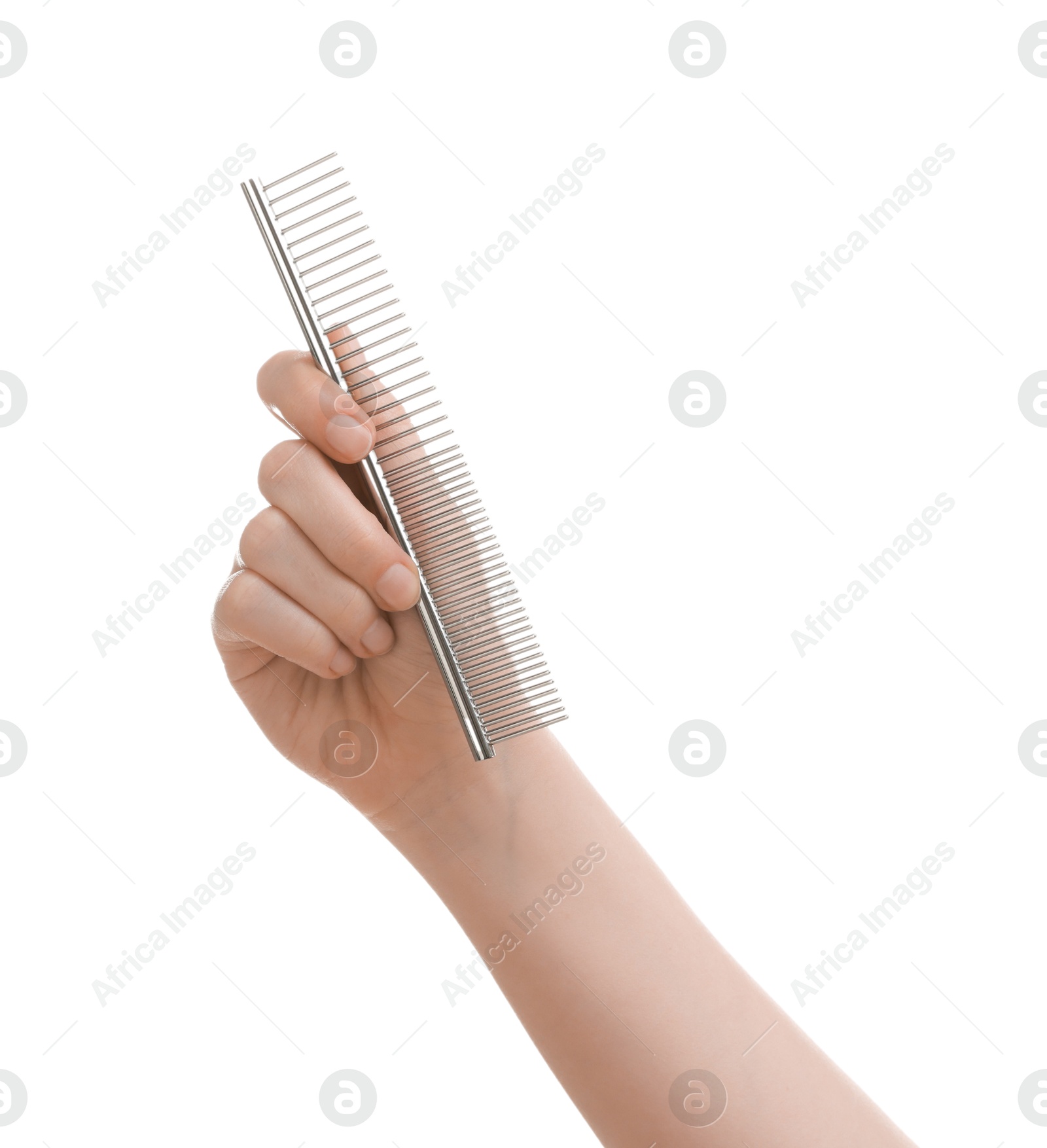 Photo of Woman with comb for pet grooming on white background, closeup