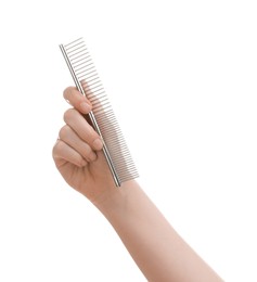 Photo of Woman with comb for pet grooming on white background, closeup