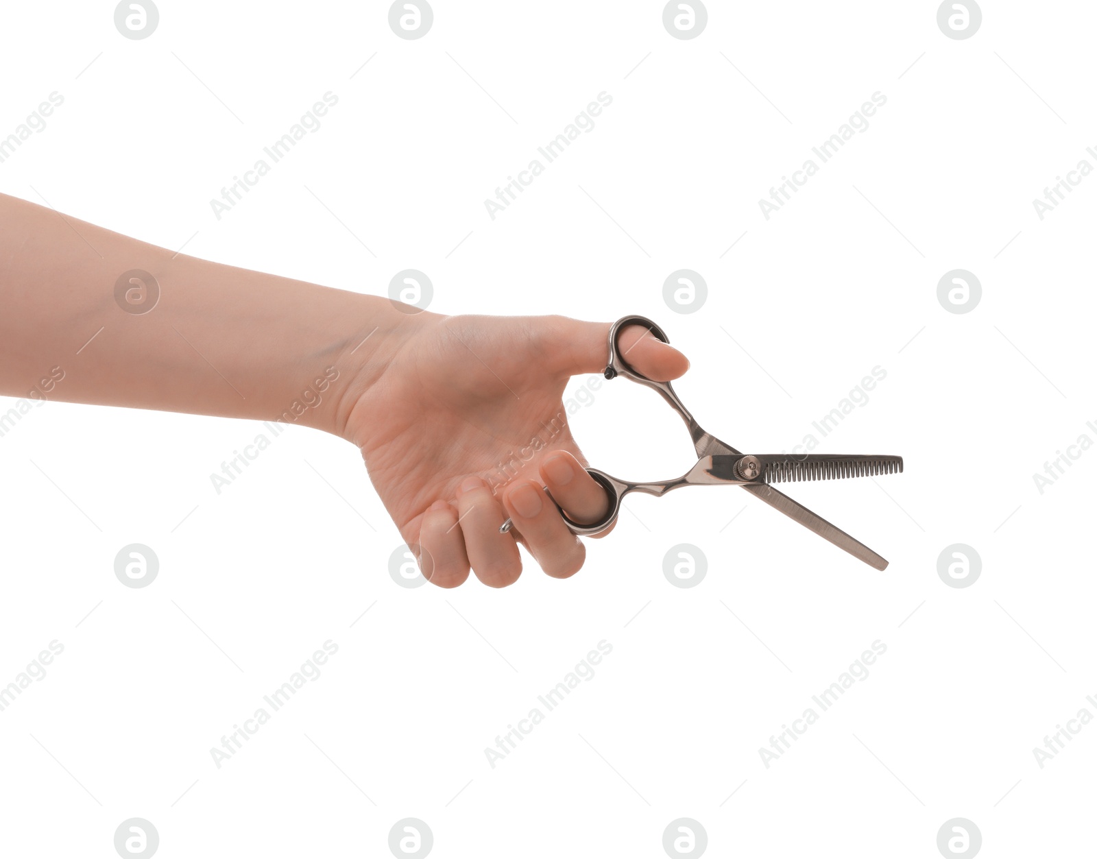 Photo of Woman with scissors for pet grooming on white background, closeup