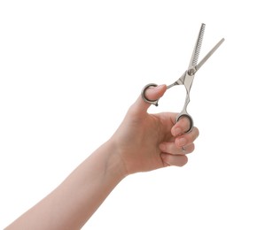 Photo of Woman with scissors for pet grooming on white background, closeup