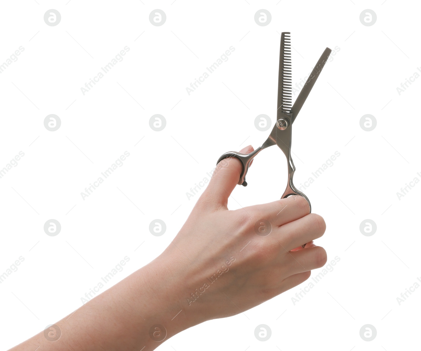 Photo of Woman with scissors for pet grooming on white background, closeup