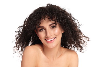 Photo of Beautiful young woman with long curly hair on white background