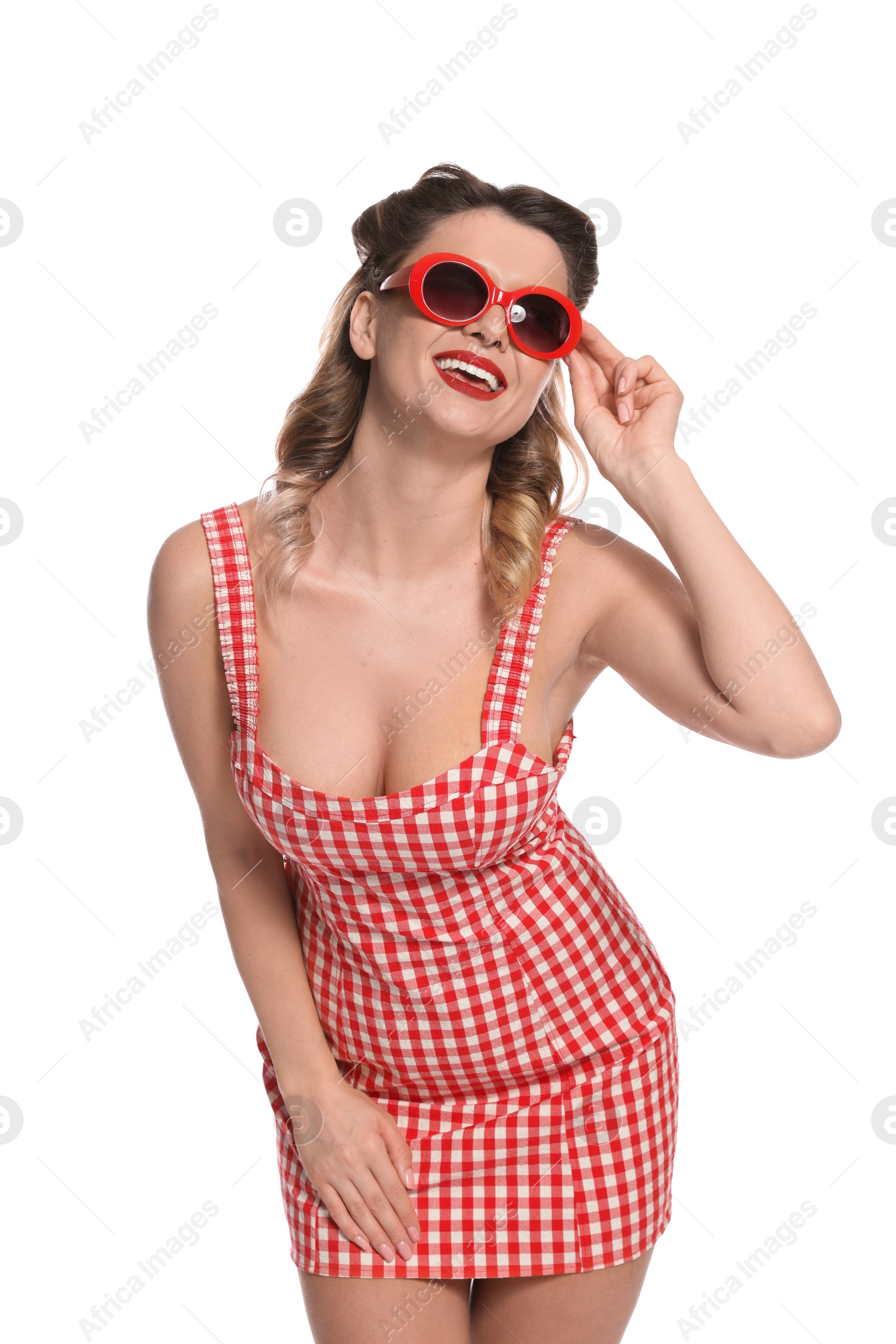 Photo of Happy pin-up woman in dress on white background