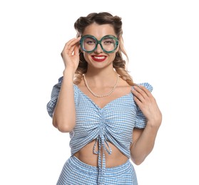 Photo of Portrait of happy pin-up woman on white background