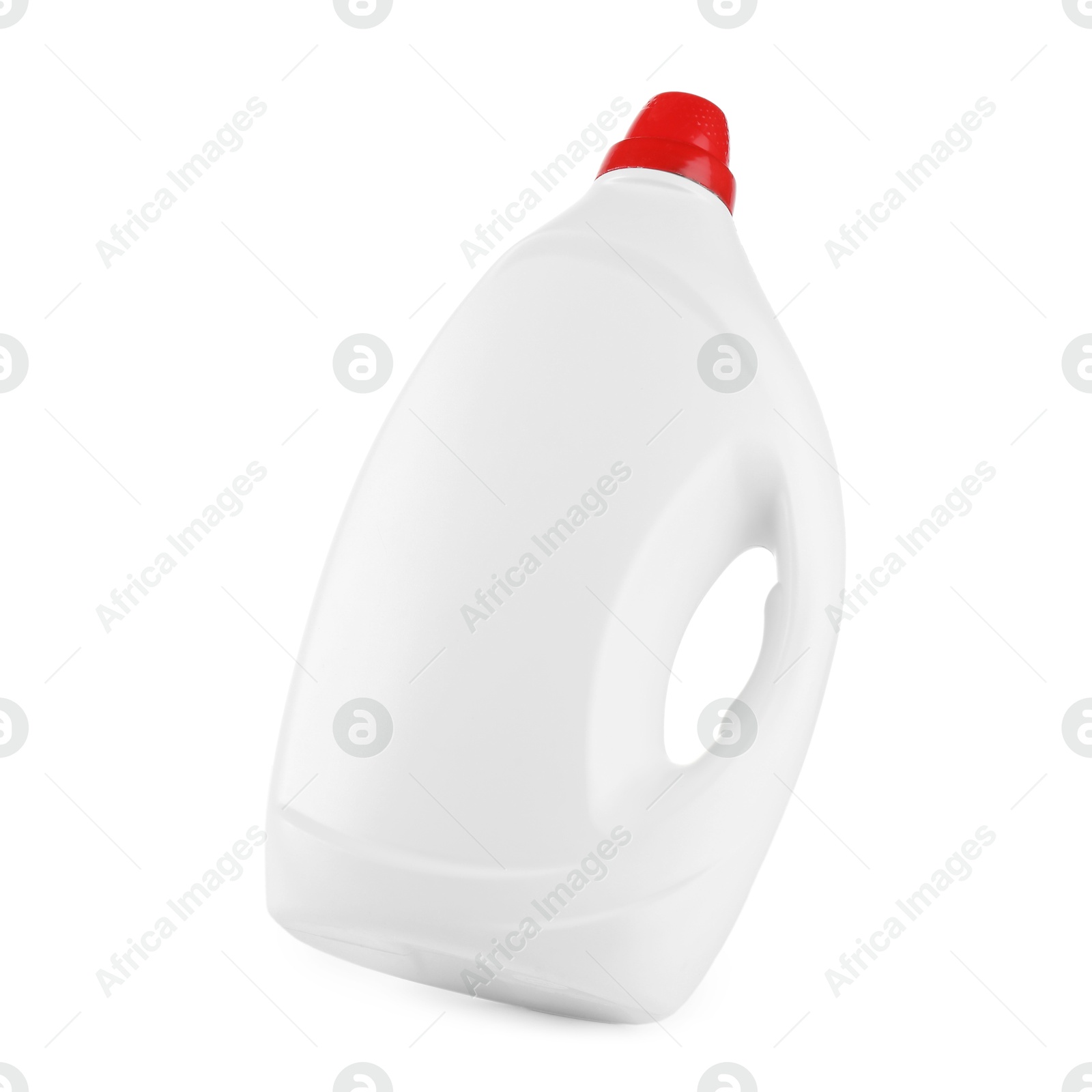 Photo of Bottle of cleaning product in air isolated on white