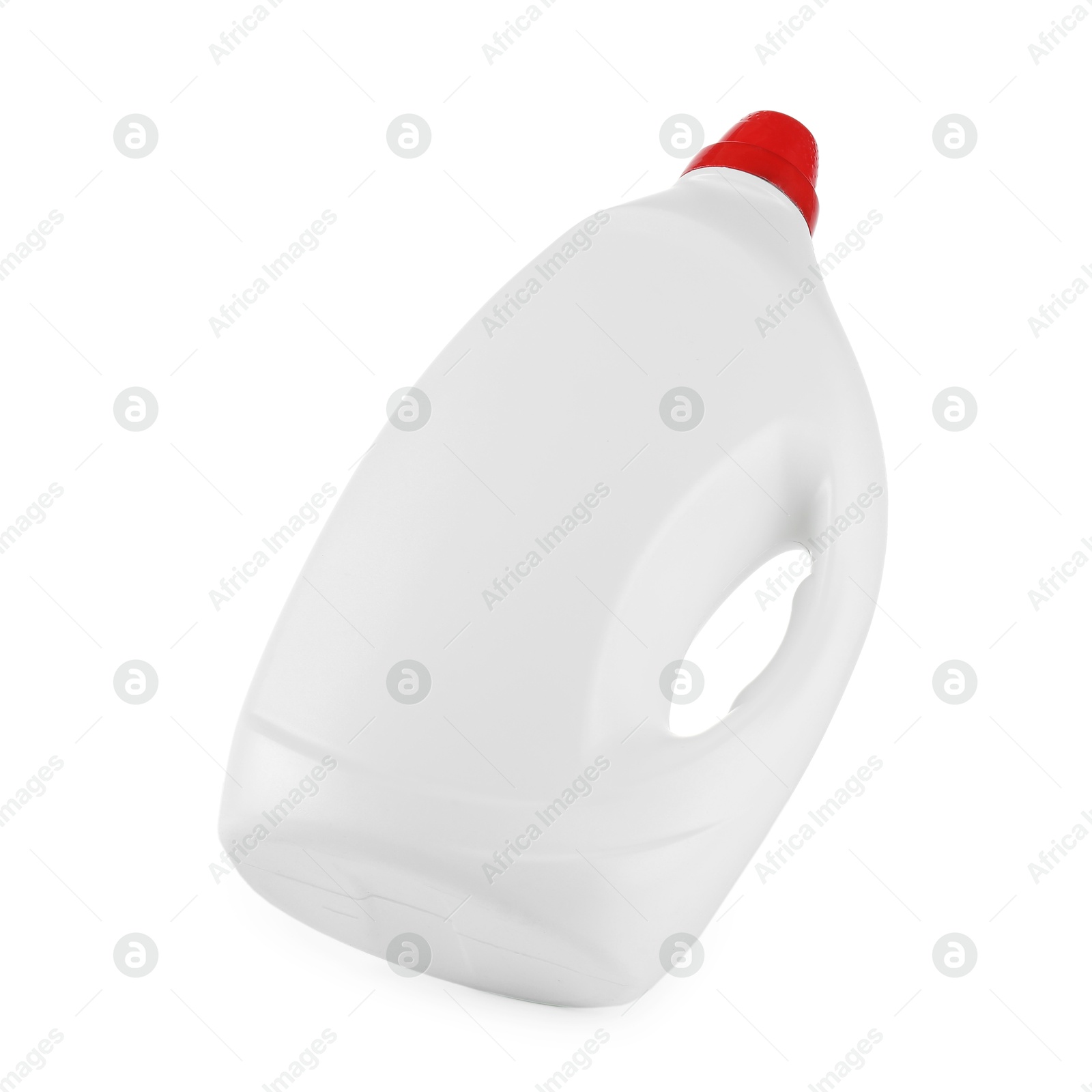 Photo of Bottle of cleaning product in air isolated on white