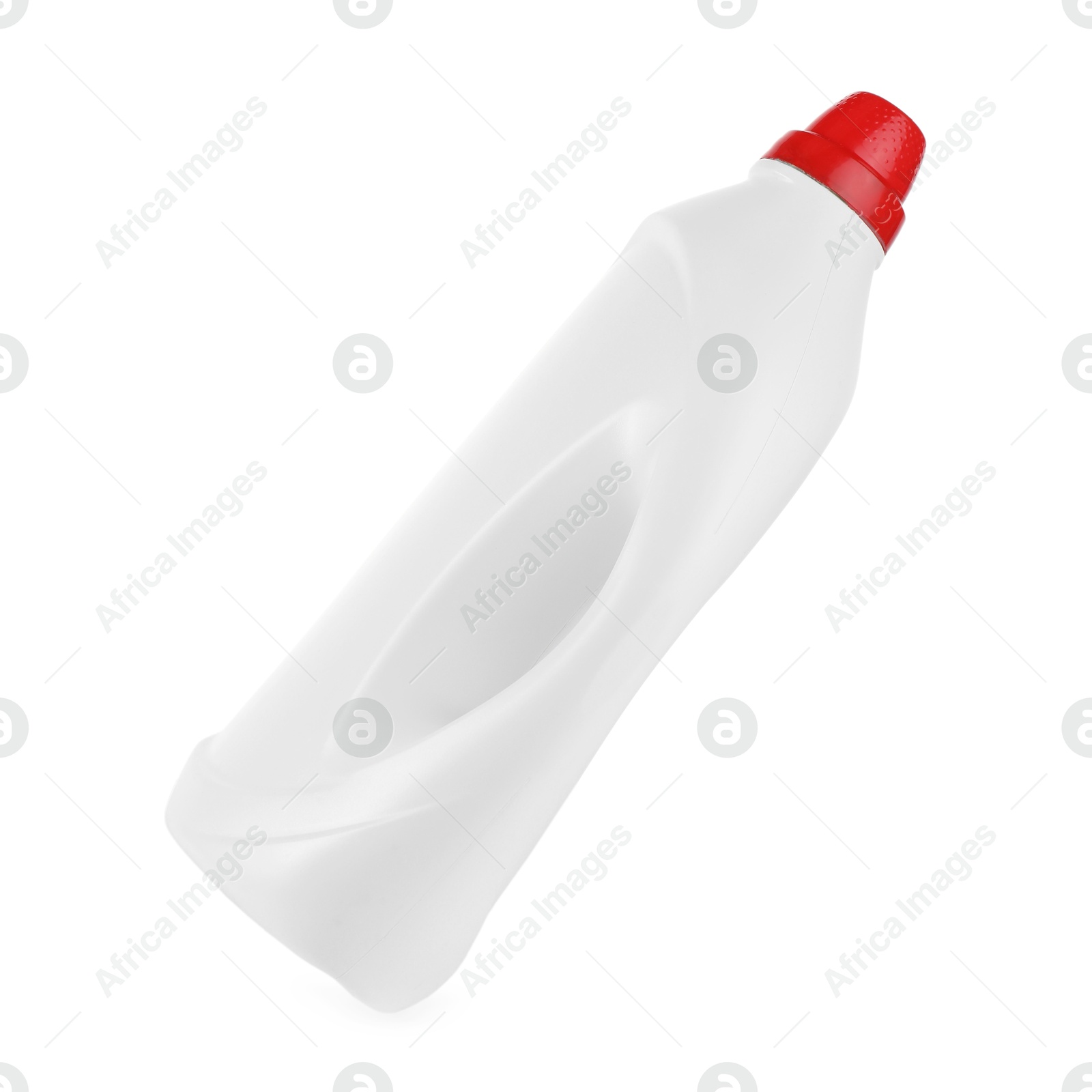 Photo of Bottle of cleaning product in air isolated on white