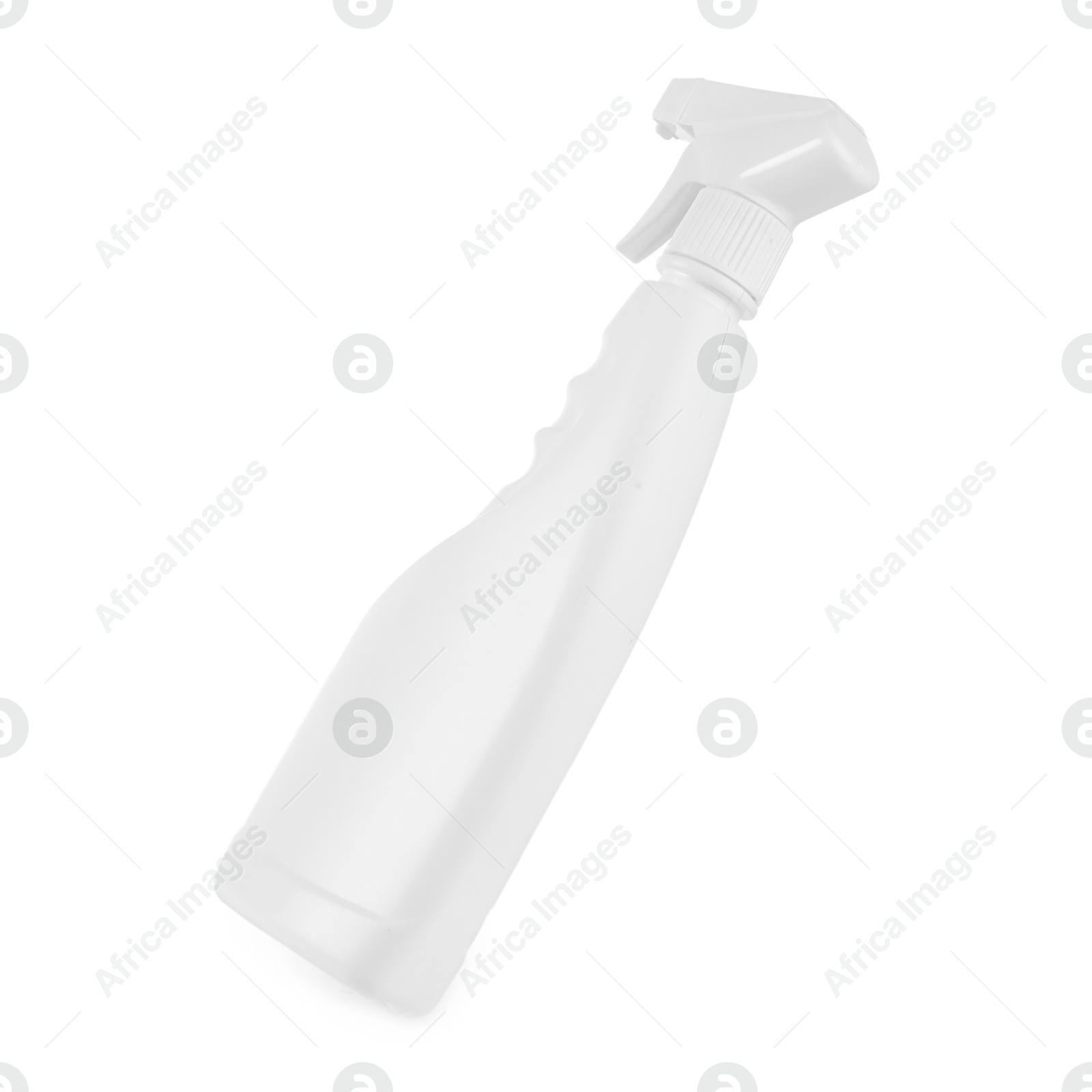 Photo of Spray bottle of cleaning product in air isolated on white