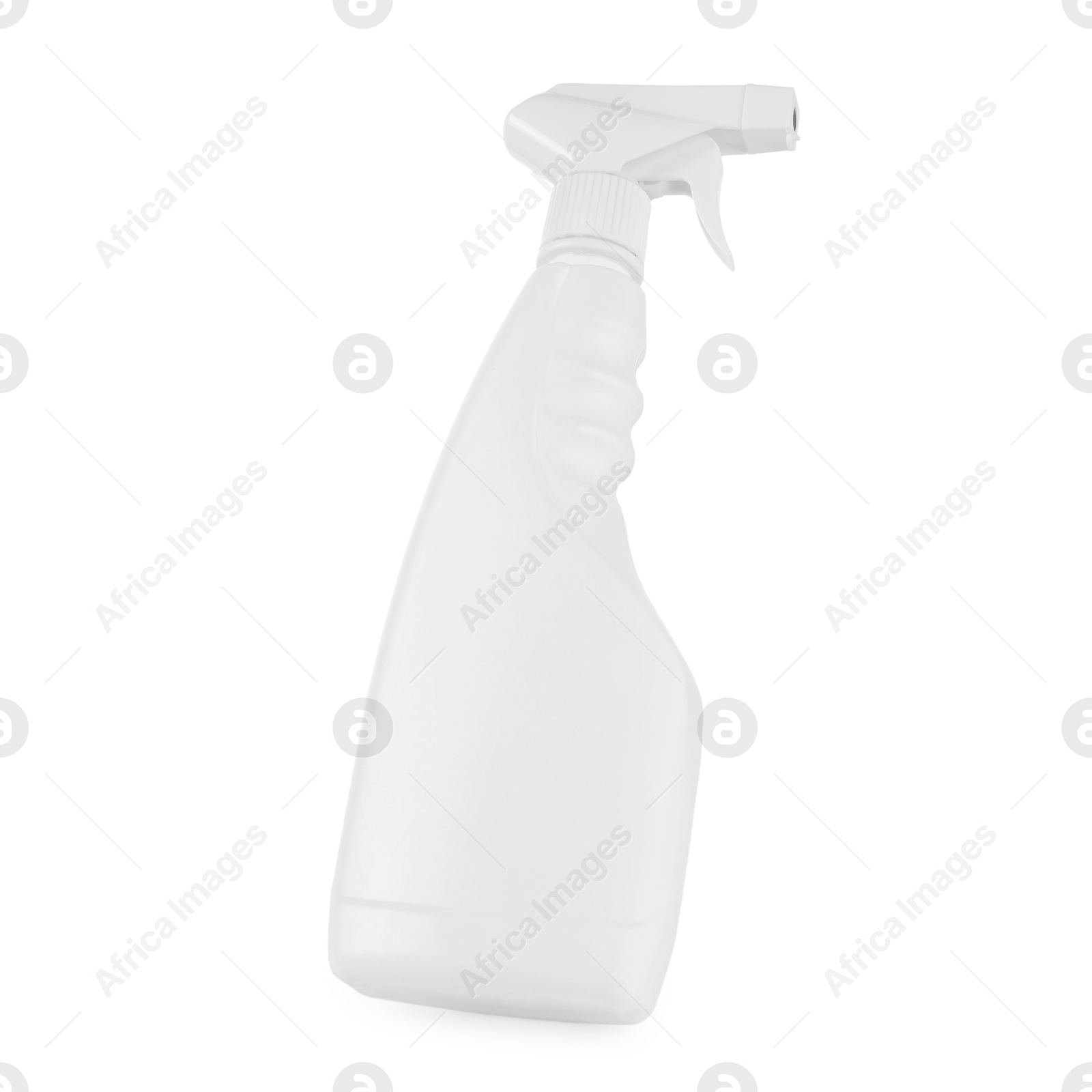 Photo of Spray bottle of cleaning product in air isolated on white