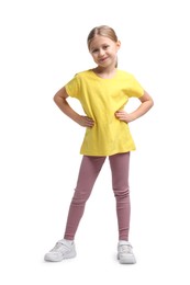 Photo of Cute little girl in sportswear on white background