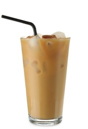 Photo of Refreshing iced coffee with milk in glass isolated on white