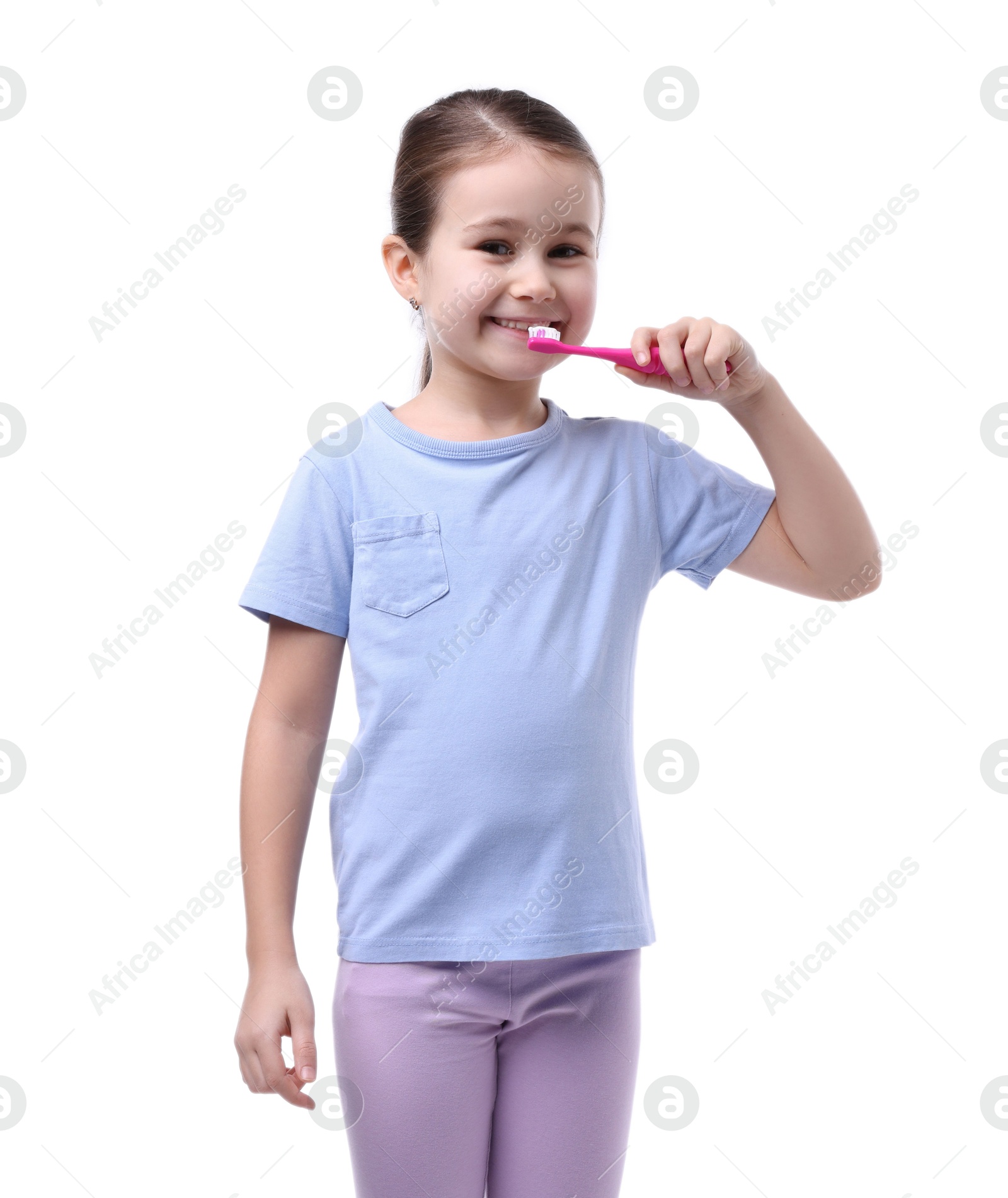 Photo of Cute girl brushing her teeth on white background