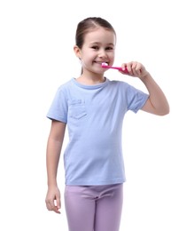 Photo of Cute girl brushing her teeth on white background