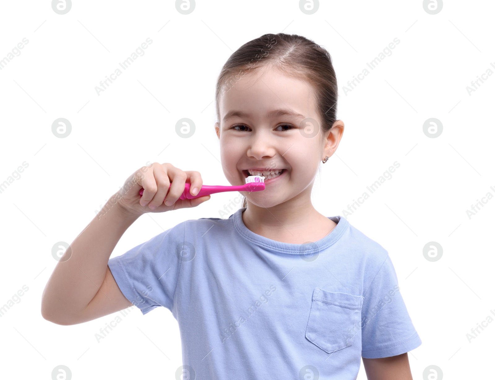 Photo of Cute girl brushing her teeth on white background