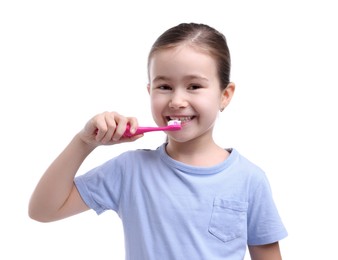 Photo of Cute girl brushing her teeth on white background