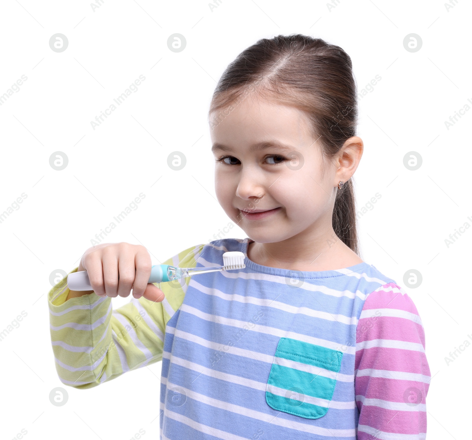 Photo of Cute girl with toothbrush on white background