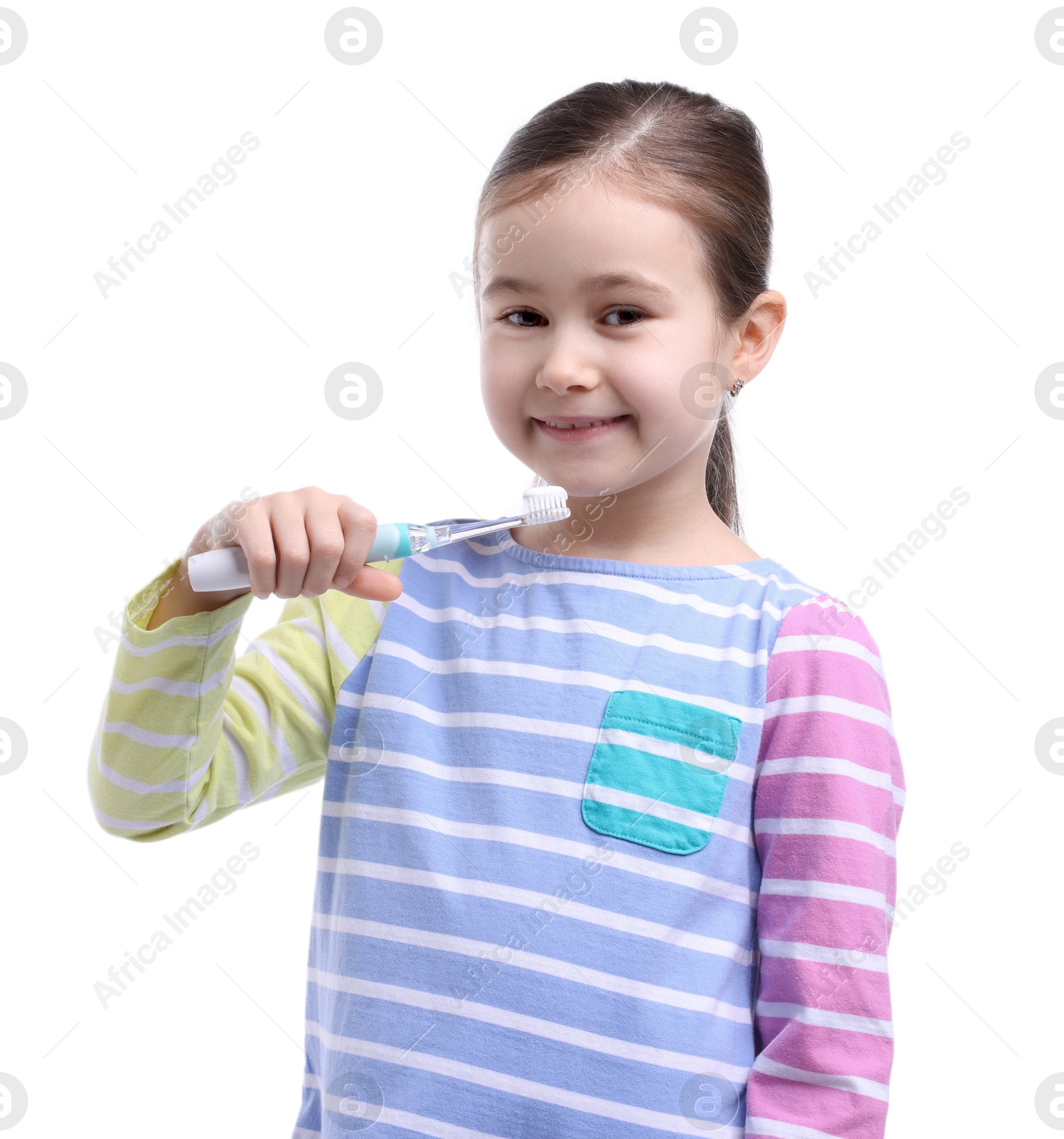 Photo of Cute girl with toothbrush on white background