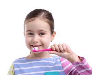 Photo of Cute girl brushing her teeth on white background