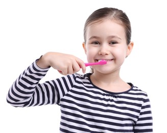 Photo of Cute girl brushing her teeth on white background