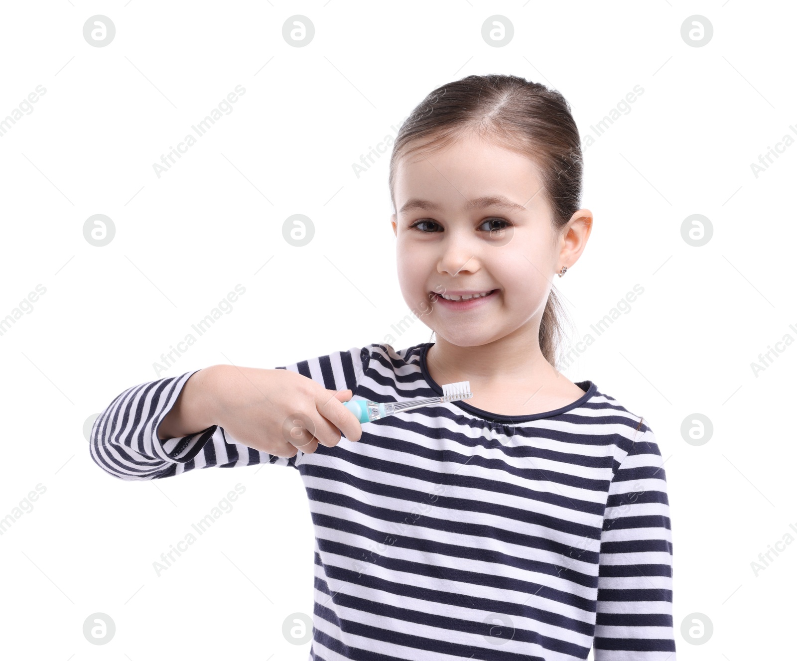 Photo of Cute girl with toothbrush on white background