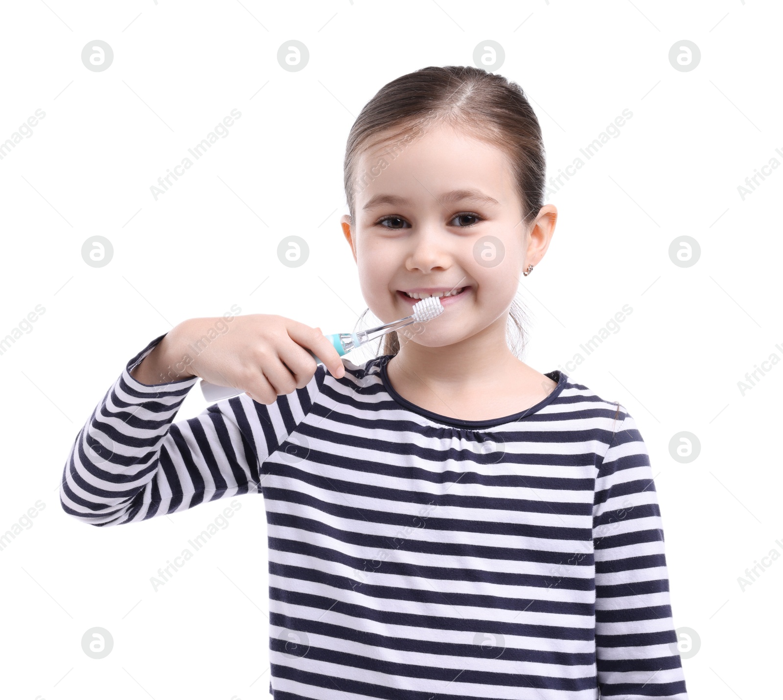 Photo of Cute girl brushing her teeth on white background