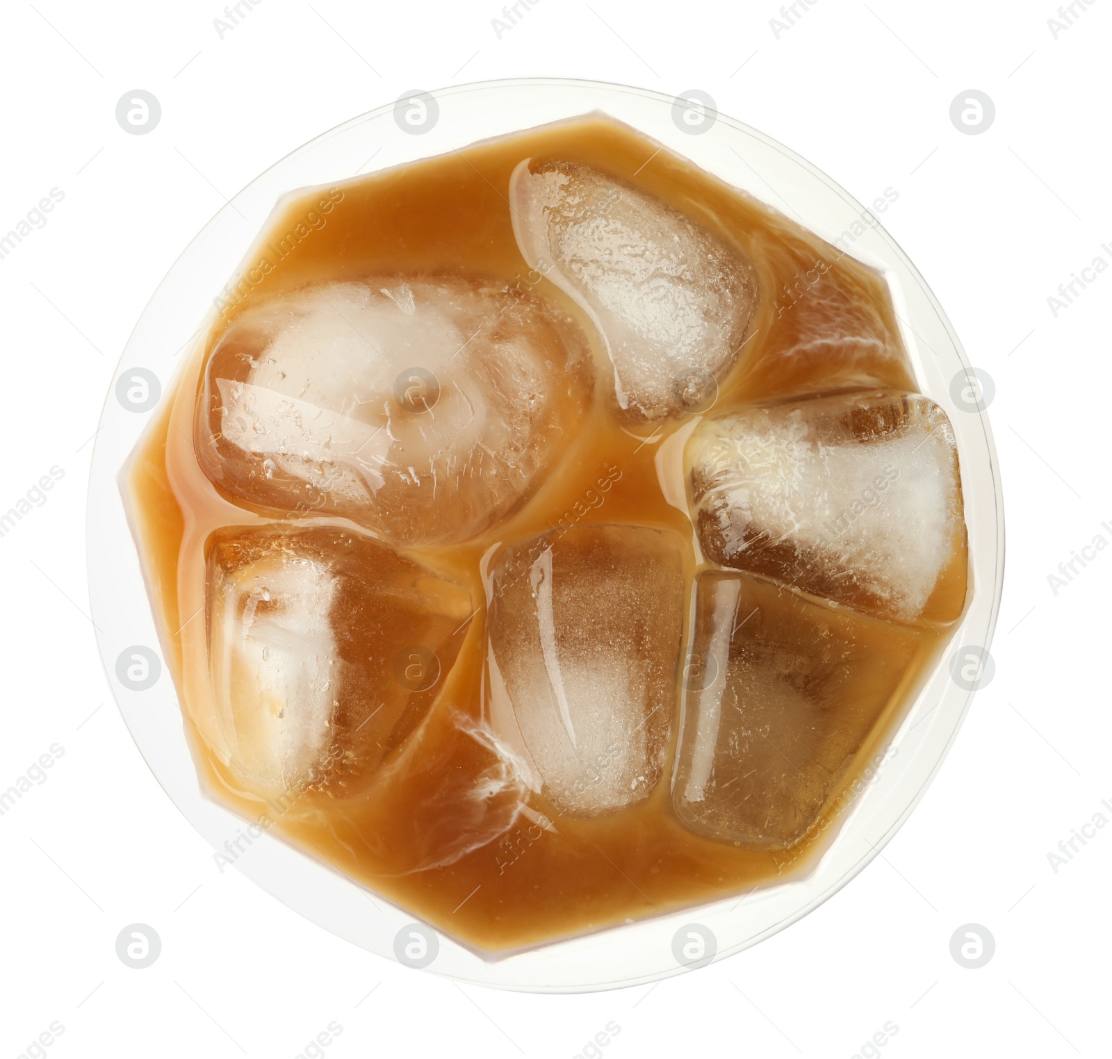 Photo of Refreshing iced coffee with milk in plastic cup isolated on white, top view