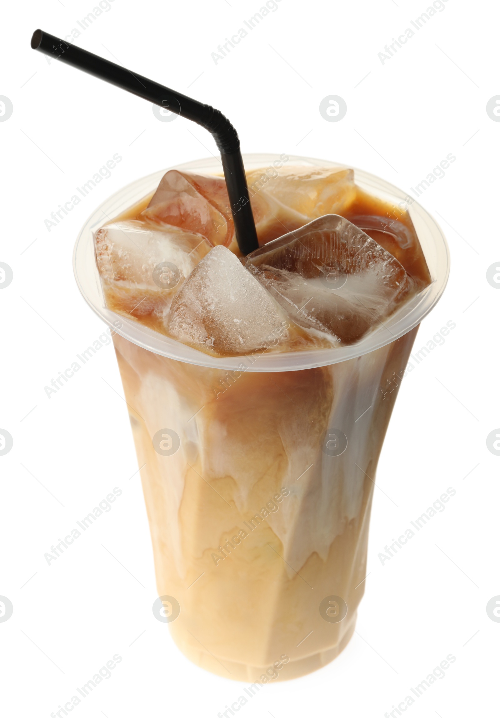 Photo of Refreshing iced coffee with milk in plastic cup isolated on white